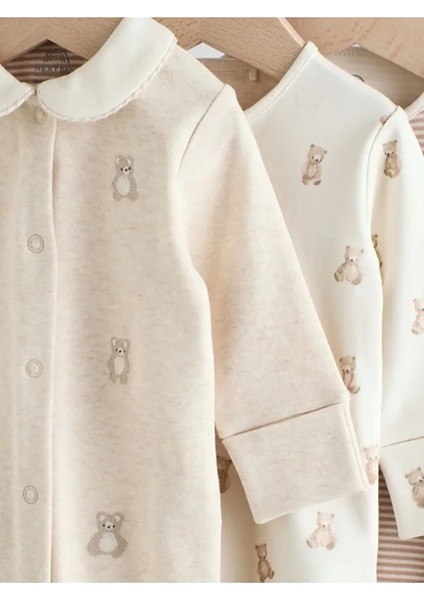 %100 Pamuklu Krem Bebe Yaka 3'lü Tulum Set modelleri