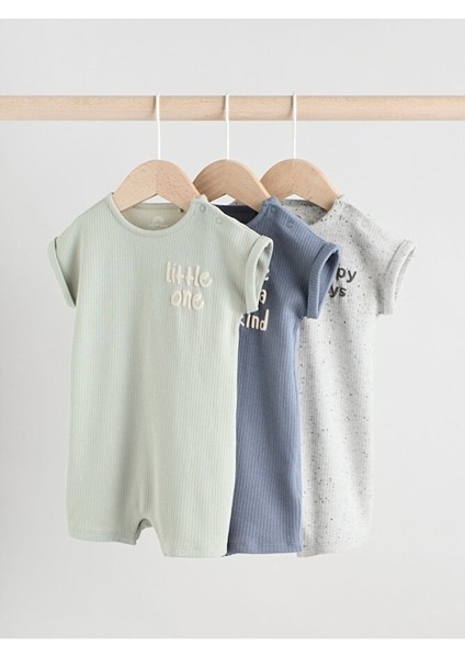 %100 Pamuklu Mavi Gri Baskılı 3'lü Romper Set