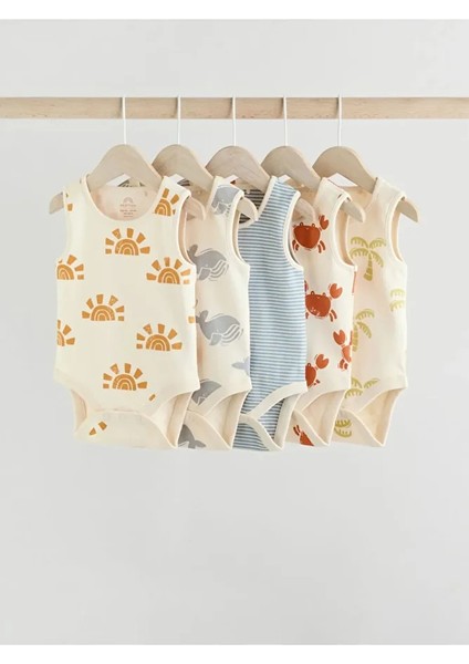 %100 Pamuklu Krem Deniz Temalı 5'li Body Zıbın Set