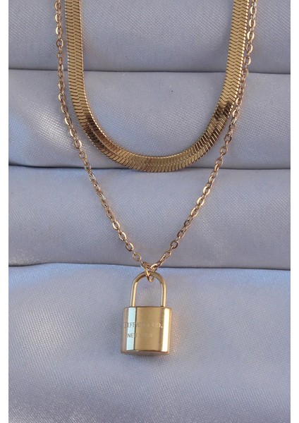 316L Çelik Gold Renk Çift Zincir Kilit Model Kolye - PRT3500EB01879