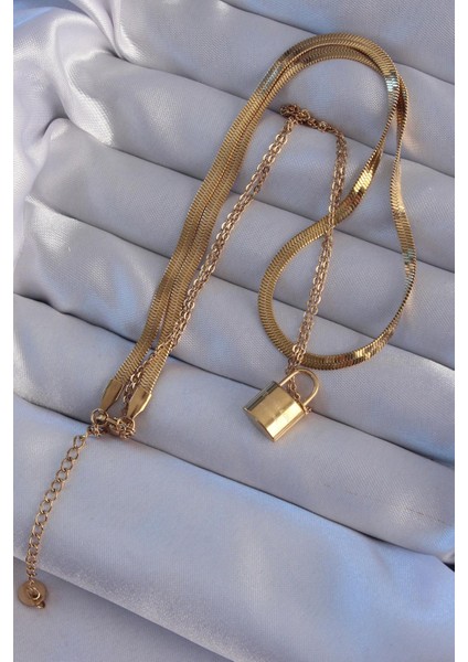 316L Çelik Gold Renk Çift Zincir Kilit Model Kolye - PRT3500EB01879 fiyatları