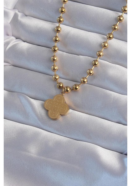 316L Çelik Top Zincirli Gold Renk Işlemeli Yonca Model Kolye - PRT3500EB02078