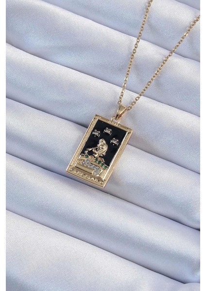 316L Çelik Zincir Altın Renk Zirkon Taşlı Siyah Mineli Kız Figürlü Tarot Kolye - PRT3500EB02355