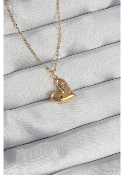 316L Çelik Zincir Gold Renk Renkli Zirkon Taşlı Kalp Kolye - PRT3500EB01819