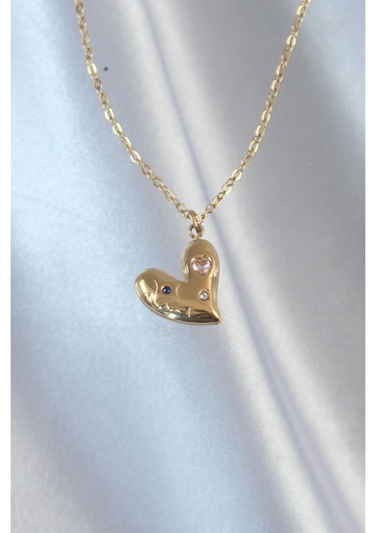 316L Çelik Zincir Gold Renk Renkli Zirkon Taşlı Kalp Kolye - PRT3500EB01819 fiyatları