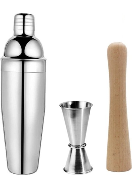 3 Parça Şık Barmen Seti: Paslanmaz Shaker, Ahşap Tokmak ve Jigger Takımı