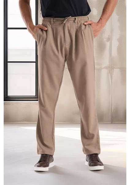 Bezayağı Kumaş Relax Fit Duble Paça Jogger Pantolon - Vizon