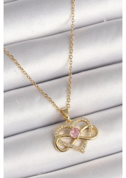 316L Çelik Gold Renk Zincir Zirkon Taşlı Sonsuzluk Kalp Model Kadın Kolye - PRT3500EB03967
