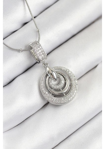 316L Çelik Zirkon Taşlı Çember Model Gümüş Renk Kadın Kolye - PRT3500EB08773