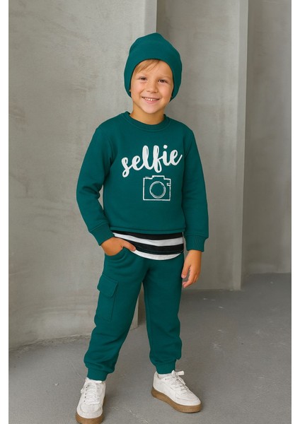 Selfie Baskılı 3’lü Çocuk Takım (Sweatshirt + Eşofman + Bere) – Petrol Yeşili