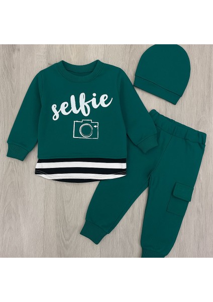 Selfie Baskılı 3’lü Çocuk Takım (Sweatshirt + Eşofman + Bere) – Petrol Yeşili modelleri