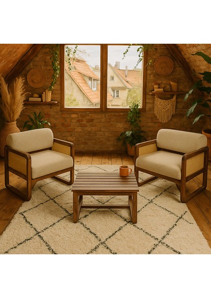 Alaves Hazeran Jüt Çay Seti Ceviz Ahşap,sütlü Kahve (2 Adet Tekli Berjer 1 Adet Sehpa)