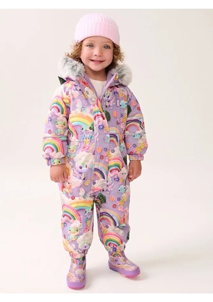 Lila Unicorn Desenli Tam Polar Astarlı Kapüşonlu Suya Dayanıklı Astronot Tulum