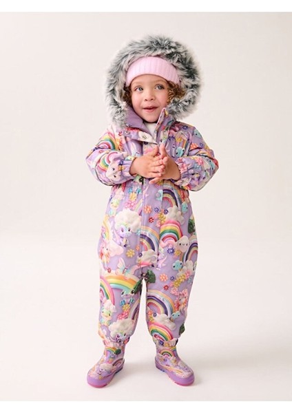 Lila Unicorn Desenli Tam Polar Astarlı Kapüşonlu Suya Dayanıklı Astronot Tulum fiyatları