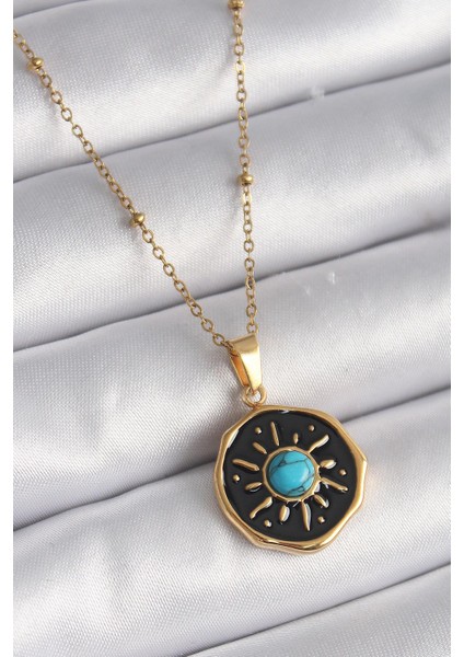316L Çelik Gold Renk Mavi Boncuk Güneş Işleme Madalyon Model Kadın Kolye - PRT3500EB02986