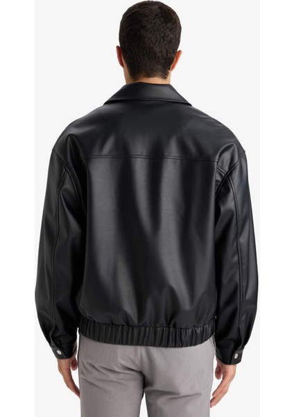 Su Geçirmez Oversize Geniş Kalıp Gömlek Yaka Fermuarlı Beli Lastikli Suni Deri Mont G0193AX25WN