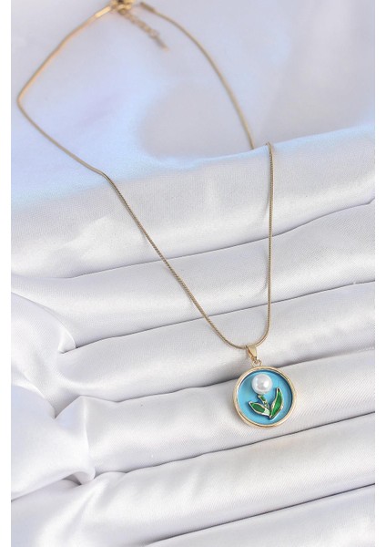 316L Çelik Gold Renk Zincir Mavi Mineli Incili Çiçek Işlemeli Portre Model Kadın Kolye - PRT3500EB05822 fiyatları