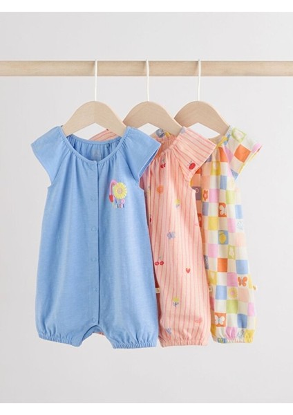 %100 Pamuklu Pembe Mavi Çiçek Desenli 3'lü Romper Set