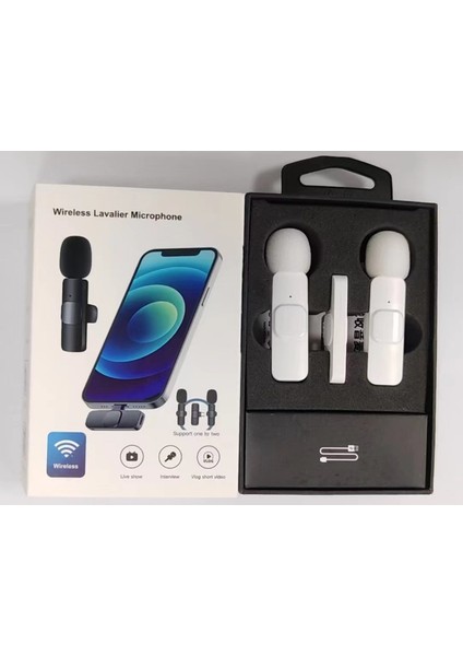 Beyaz Kablosuz Yaka Mikrofonu 2’li Set Type-C Uyumlu Bluetooth 5.1 modelleri