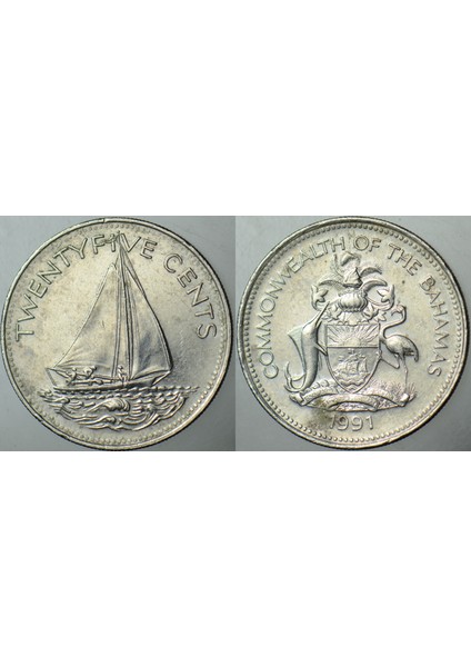 Bahamalar 25 Cent 1991 Yelkenli Tekne Temalı.