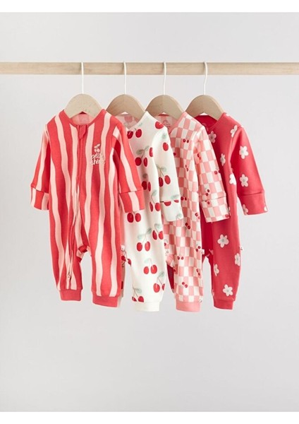 100% Pamuklu Kiraz Desenli Ayaksız 4'lü Tulum Set
