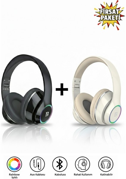 Kablosuz Kulaküstü Siyah-Krem Bluetooth Kulaklık Stereo-Mikrofon-Aux Sd Kart HK-035