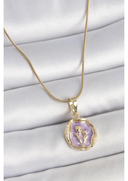 316L Çelik Gold Renk Zincir Mor Mineli Çiçek Işlemeli Portre Model Kadın Kolye - PRT3500EB05818