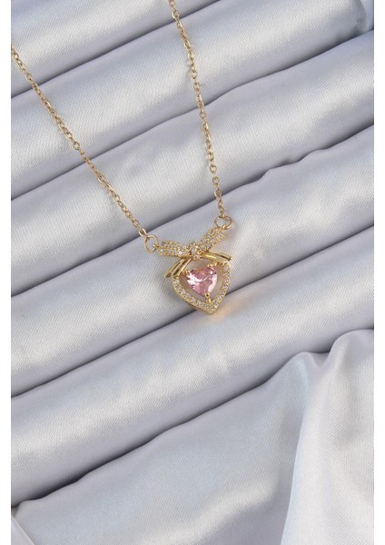 316L Çelik Zincir Altın Renk Pembe Zirkon Taşlı Fiyonklu Kalp Kolye - PRT3500EB02250