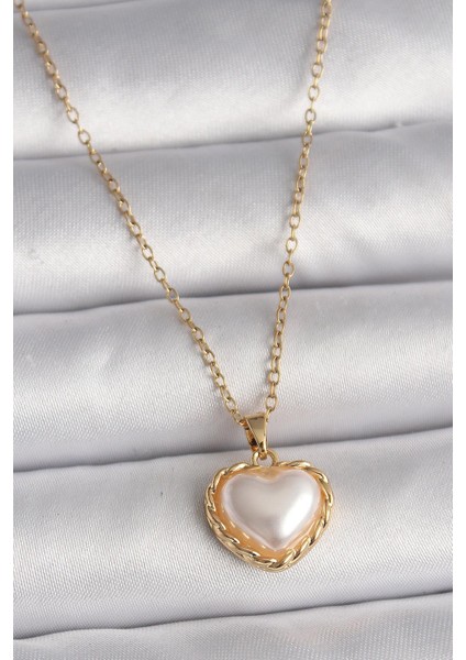 316L Çelik Gold Renk Zincir 3D Inci Kalp Model Kadın Kolye - PRT3500EB03636