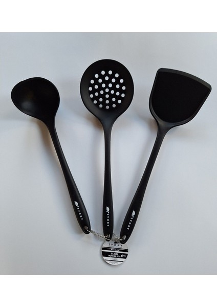 Siyah 3'lü Set: Yanmaz ve Yapışmaz Kevgir, Spatula, Kepçe, Kaliteli Mutfak Malzemeleri