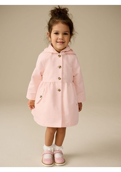 Pamuklu Toz Pembe Suya Dayanıklı Kapüşonlu Trençkot / Mont