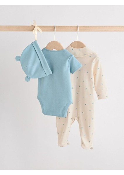 % 100 Pamuklu Mavi Tulum Body Zıbın Önlük Şapka 4'lü Set fiyatları
