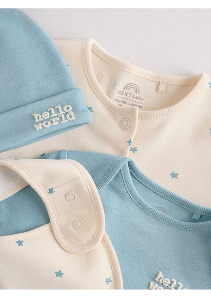 % 100 Pamuklu Mavi Tulum Body Zıbın Önlük Şapka 4'lü Set fırsatları