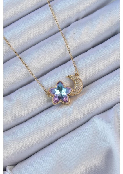 316L Çelik Zincir Altın Renk Ay Tasarımlı Renkli Zirkon Taşlı Çiçek Kolye - PRT3500EB02224