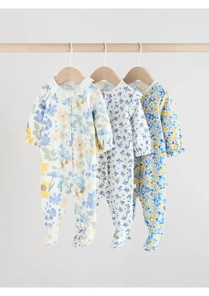 %100 Pamuklu Beyaz Yeşil Çiçek Desenli Bebe Dantel Yaka 3'lü Tulum Set
