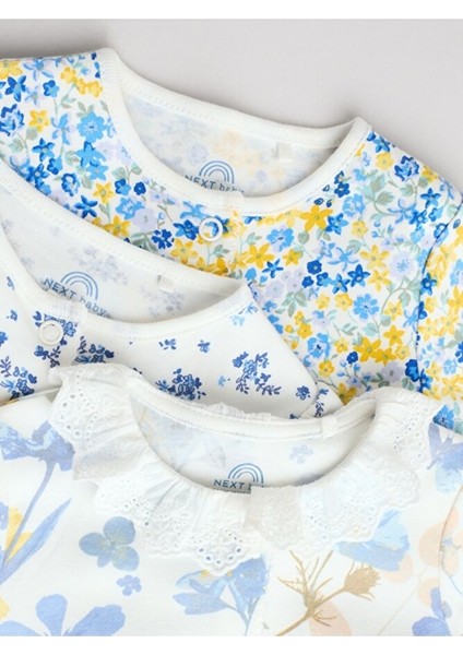 %100 Pamuklu Beyaz Yeşil Çiçek Desenli Bebe Dantel Yaka 3'lü Tulum Set fırsatları