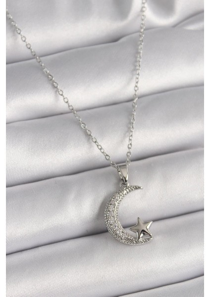 316L Çelik Gümüş Renk Zincir Zirkon Taşlı Hilal Model Yıldız Detay Kadın Kolye - PRT3500EB03386
