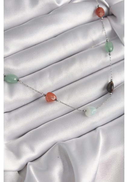 316L Çelik Gümüş Renk Zincir Renkli Doğaltaş Model Kadın Kolye - PRT3500EB03539