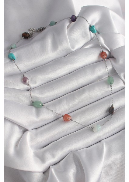 316L Çelik Gümüş Renk Zincir Renkli Doğaltaş Model Kadın Kolye - PRT3500EB03539 fiyatları