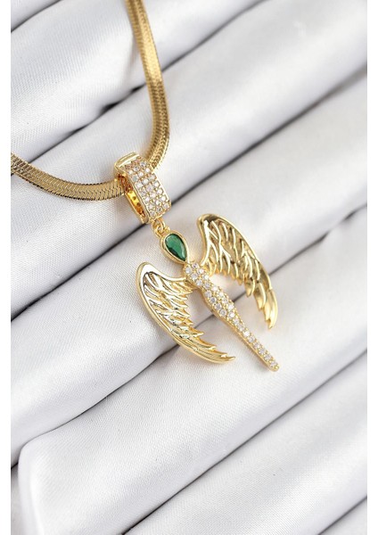 316L Çelik Zirkon Taşlı Melek Model Gold Renk Kadın Kolye - PRT3500EB08766