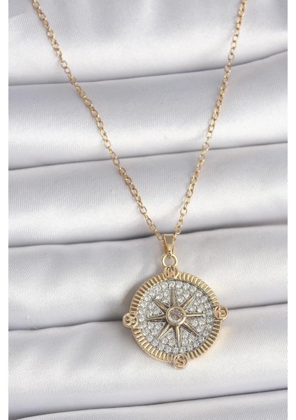 316L Çelik Gold Renk Zirkon Taşlı Pusula Model Kadın Kolye - PRT3500EB05655