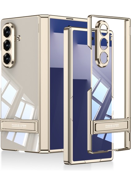 Galaxy Z Fold 7 Kılıf Kamera Korumalı Şeffaf Tasarımlı Zore LEGO Standlı Kapak - Gold