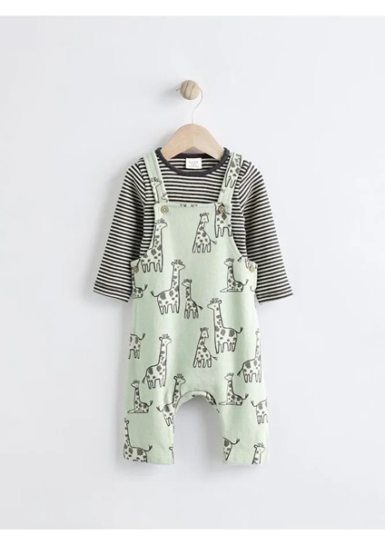 Pamuklu Yeşil Zürafa Desenli Salopet Body Zıbın Set