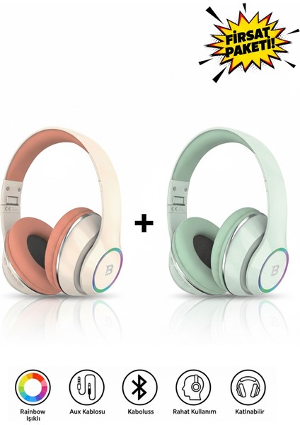 Kablosuz Kulaküstü Pembe-Yeşil Bluetooth Kulaklık Stereo-Mikrofon-Aux Sd Kart HK-035