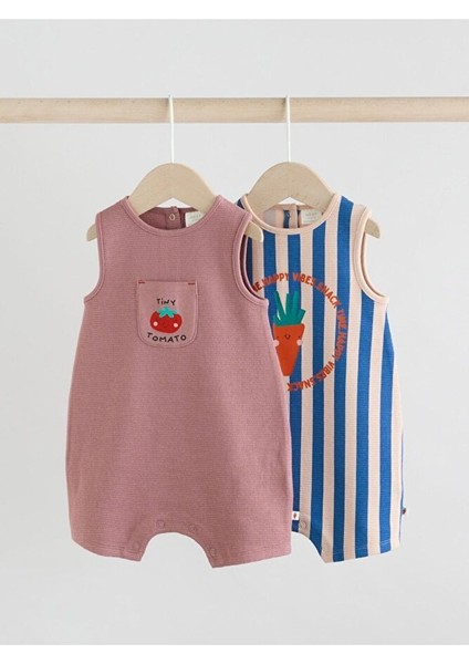 %100 Pamuklu Multi Bright Waffle Baskılı 2'li Romper Set