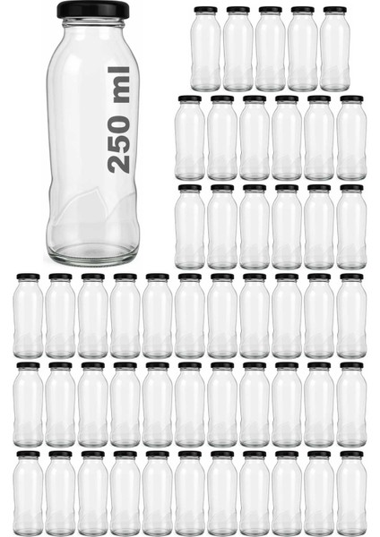 250 ml Dalga Desenli Şeffaf Meyve Suyu, Limonata Şişesi Metal Siyah Kapaklı 250 cc Boş Cam Şişe 50 Adet