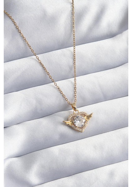 316L Çelik Gold Renk Zincir Zirkon Taşlı Kalp Model Kadın Kolye - PRT3500EB00786