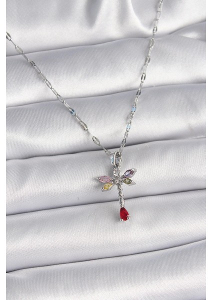 316L Çelik Gümüş Renk Zincir Renkli Zirkon Taşlı Yusufçuk Model Kadın Kolye - PRT3500EB03117