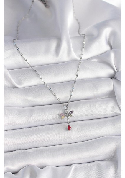 316L Çelik Gümüş Renk Zincir Renkli Zirkon Taşlı Yusufçuk Model Kadın Kolye - PRT3500EB03117 fiyatları