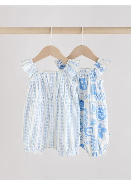 % 100 Pamuklu Mavi Çiçek Desenli Askılı 2'li Romper Set